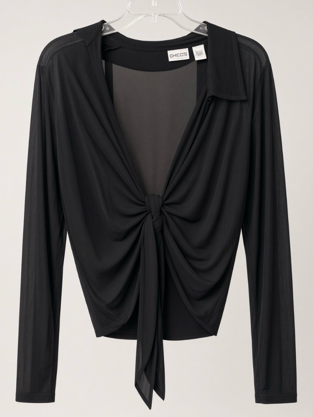 Chico’s Black Sheer Tie Front Long Sleeve Top
Size 9